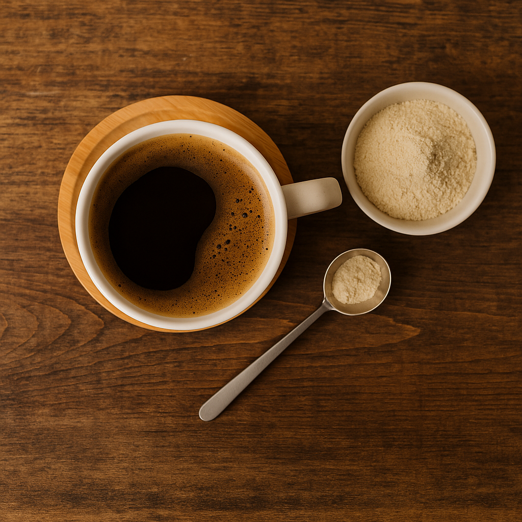 Top-down view of a white coffee mug on a wooden coaster, next to a bowl of beige powder and a stainless steel measuring spoon on a rustic wooden surface.