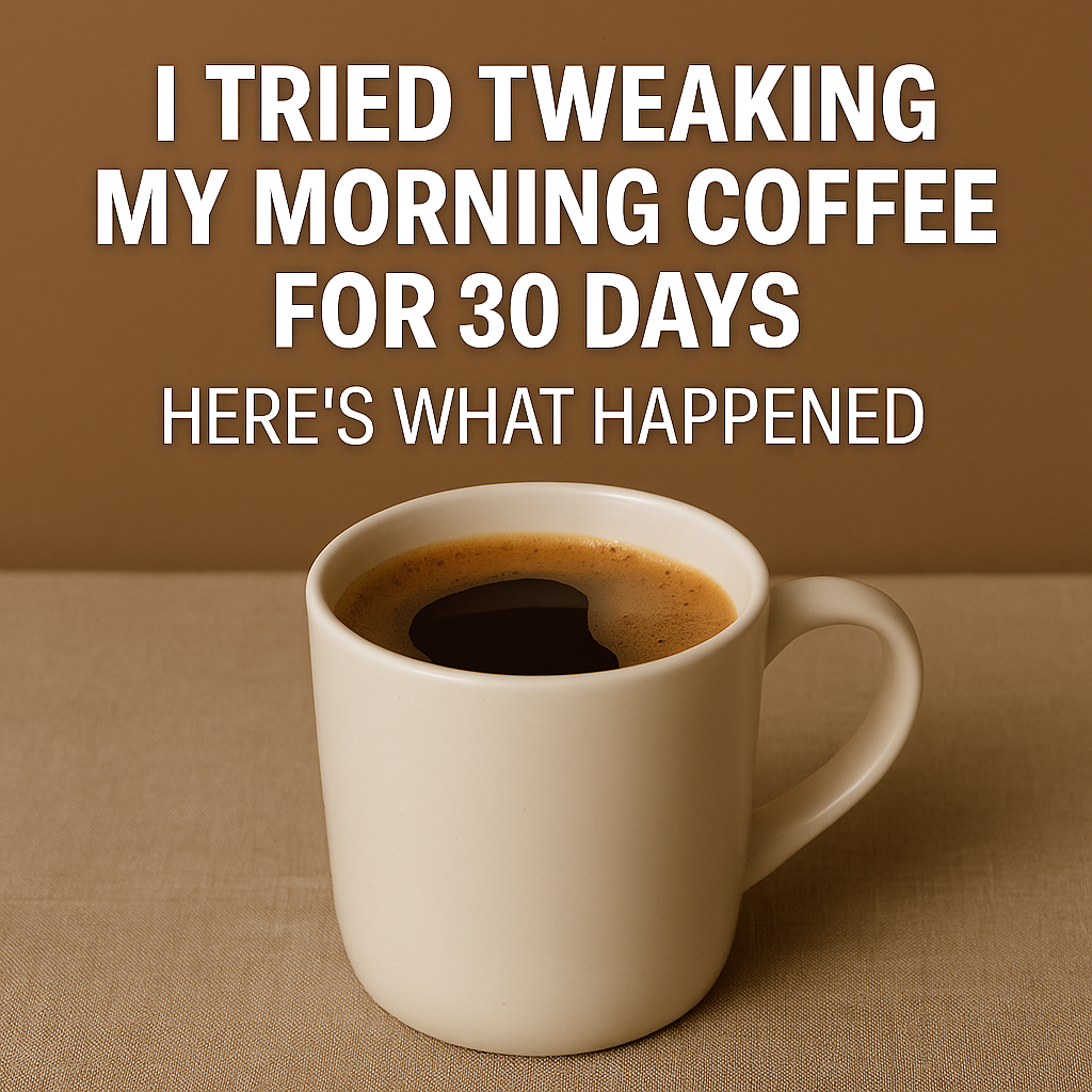 White ceramic coffee mug filled with dark coffee, set on beige linen with warm brown background. Text reads “I Tried Tweaking My Morning Coffee for 30 Days — Here’s What Happened.