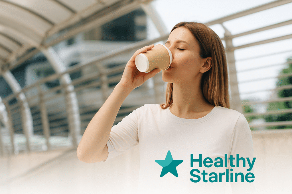 Smiling woman enjoying a morning wellness drink, symbolizing energy and vitality.